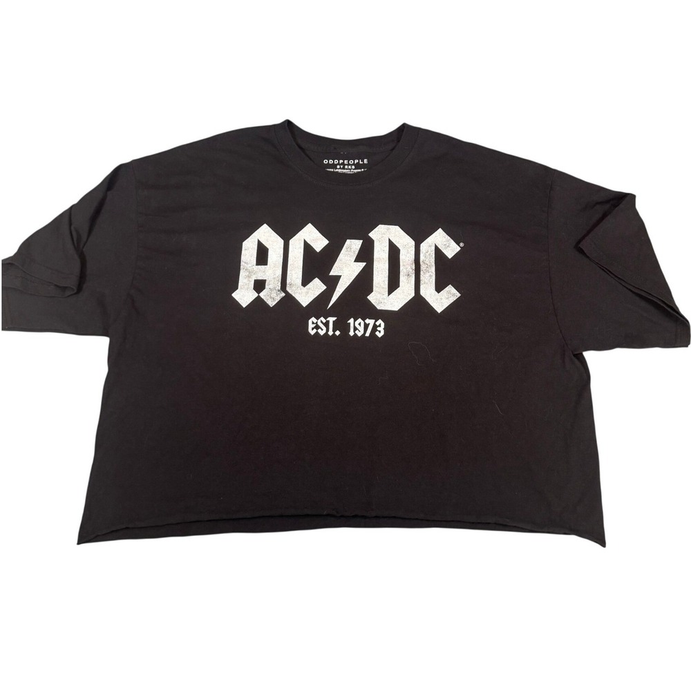 Odd People AC/DC Graphic Crop Top T-Shirt L Black Raw Hem Band Tee